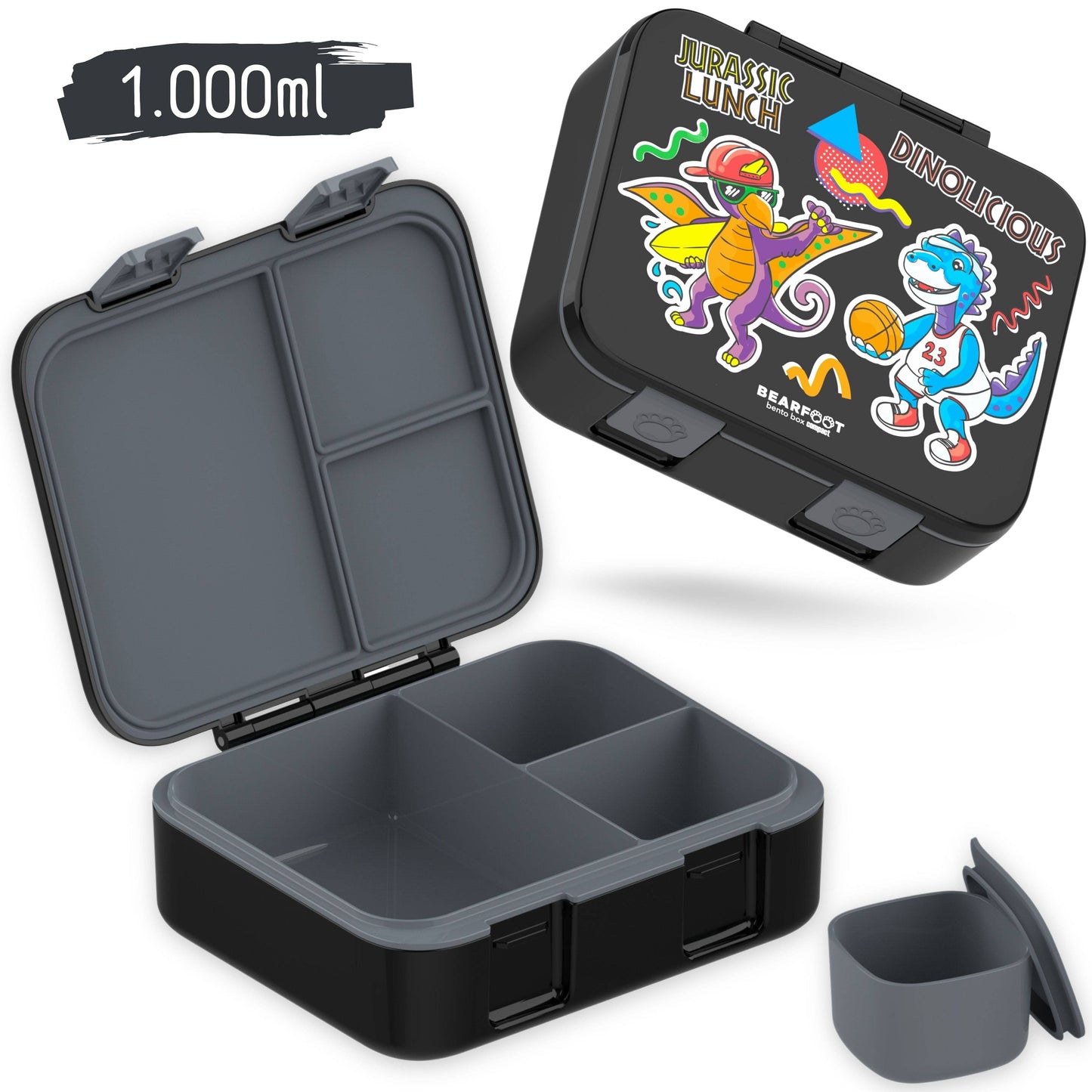 Lunchbox with compartments, lightweight & leak-proof - Black dinosaurs: 1,000ml