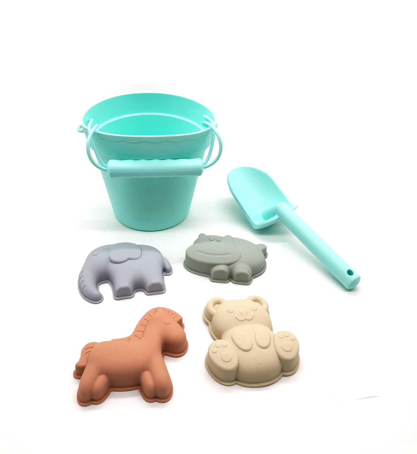 Silicone beach toys (bucket, shovel, and 4 accessories)