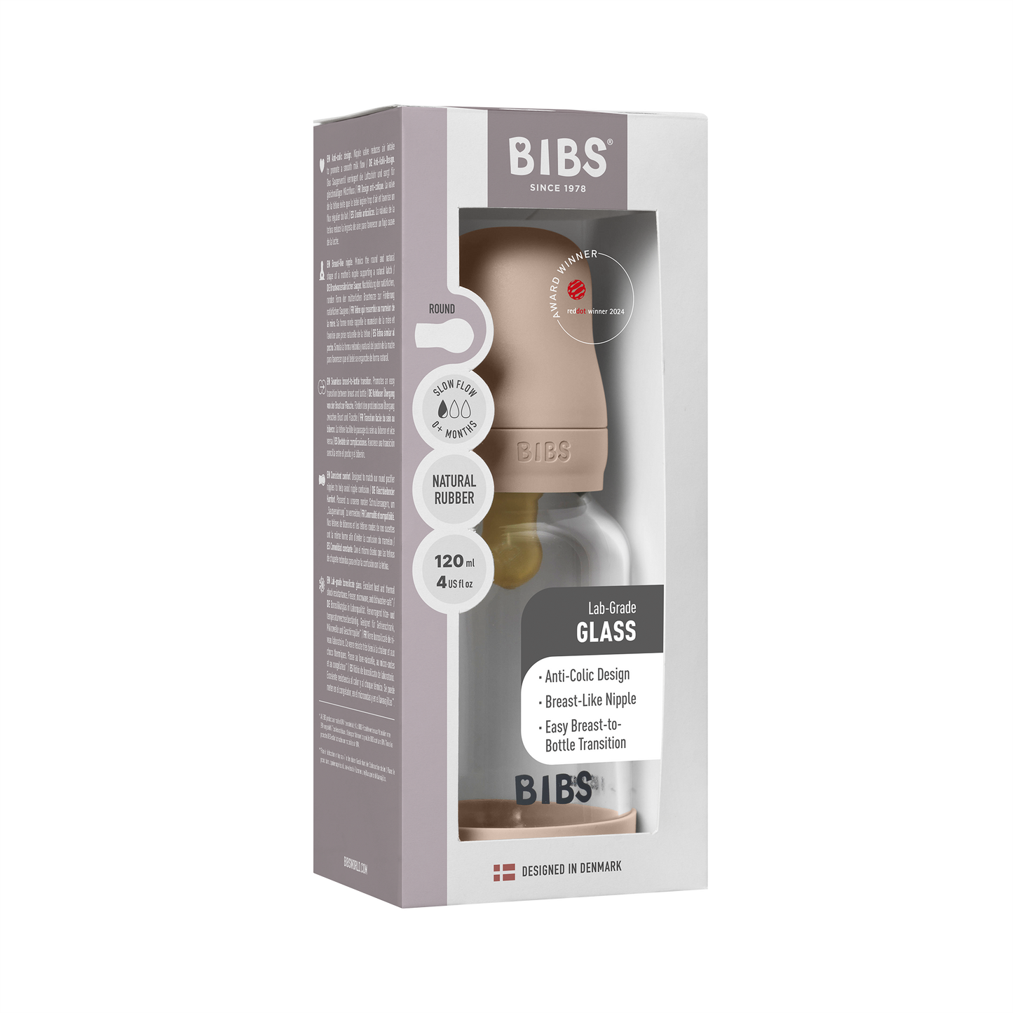 Bibs Glass Baby Bottle Round Latex - Slow Flow (Colour: Blush | Size:  120ml)