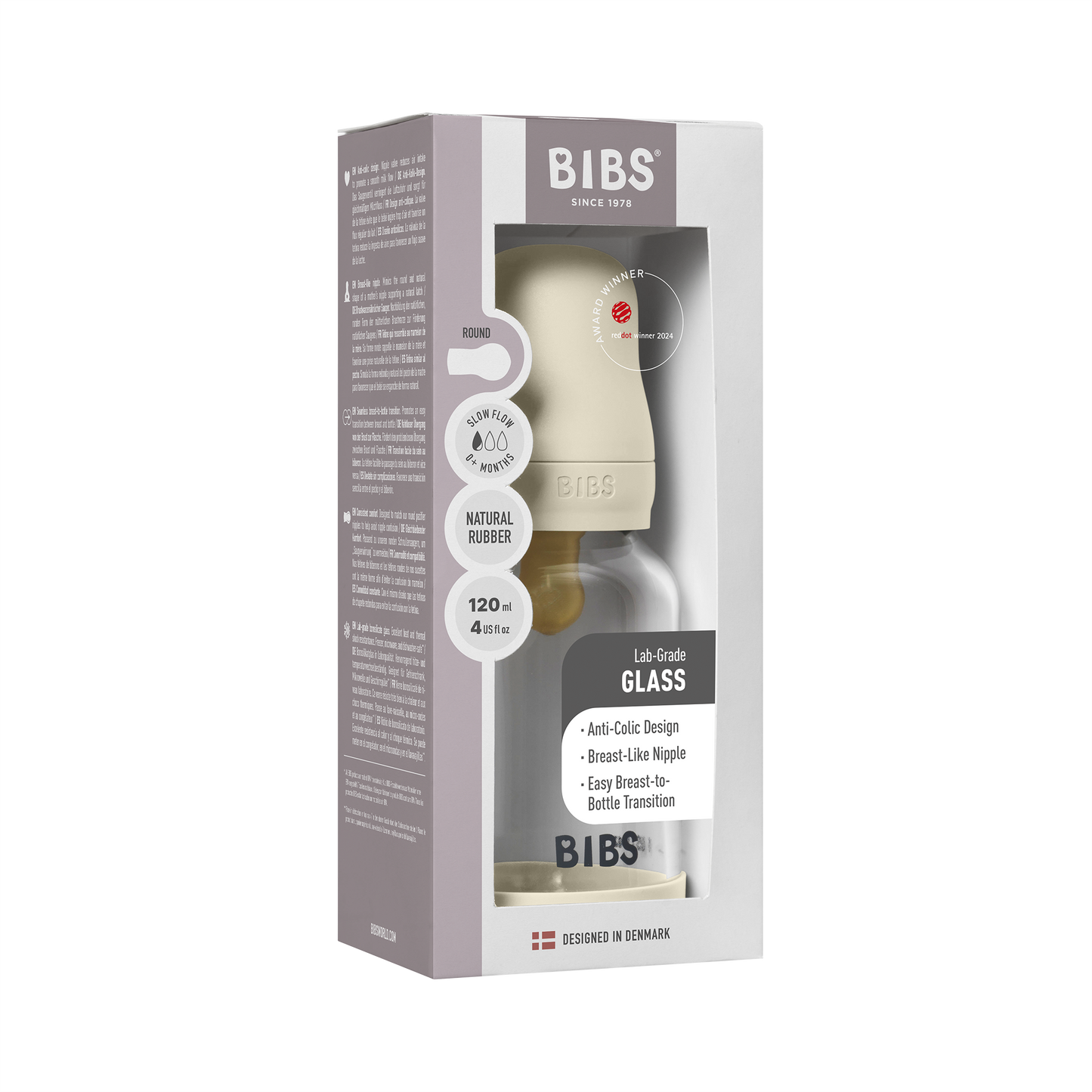 Bibs Glass Baby Bottle Round Latex - Slow Flow (Colour: Ivory | Size: 120ml)