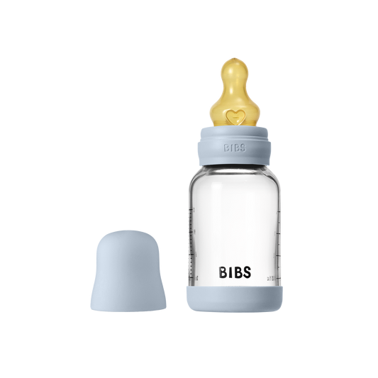 Bibs Glass Baby Bottle Round Latex - Slow Flow (Colour: Baby Blue | Size: 120ml)