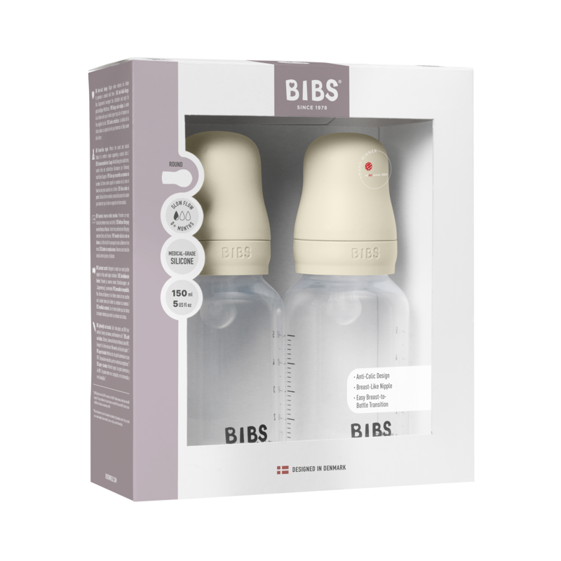 Bibs Baby Bottle Round Latex - 2 pack | Slow Flow (Colour: Ivory | Size: 150ml)