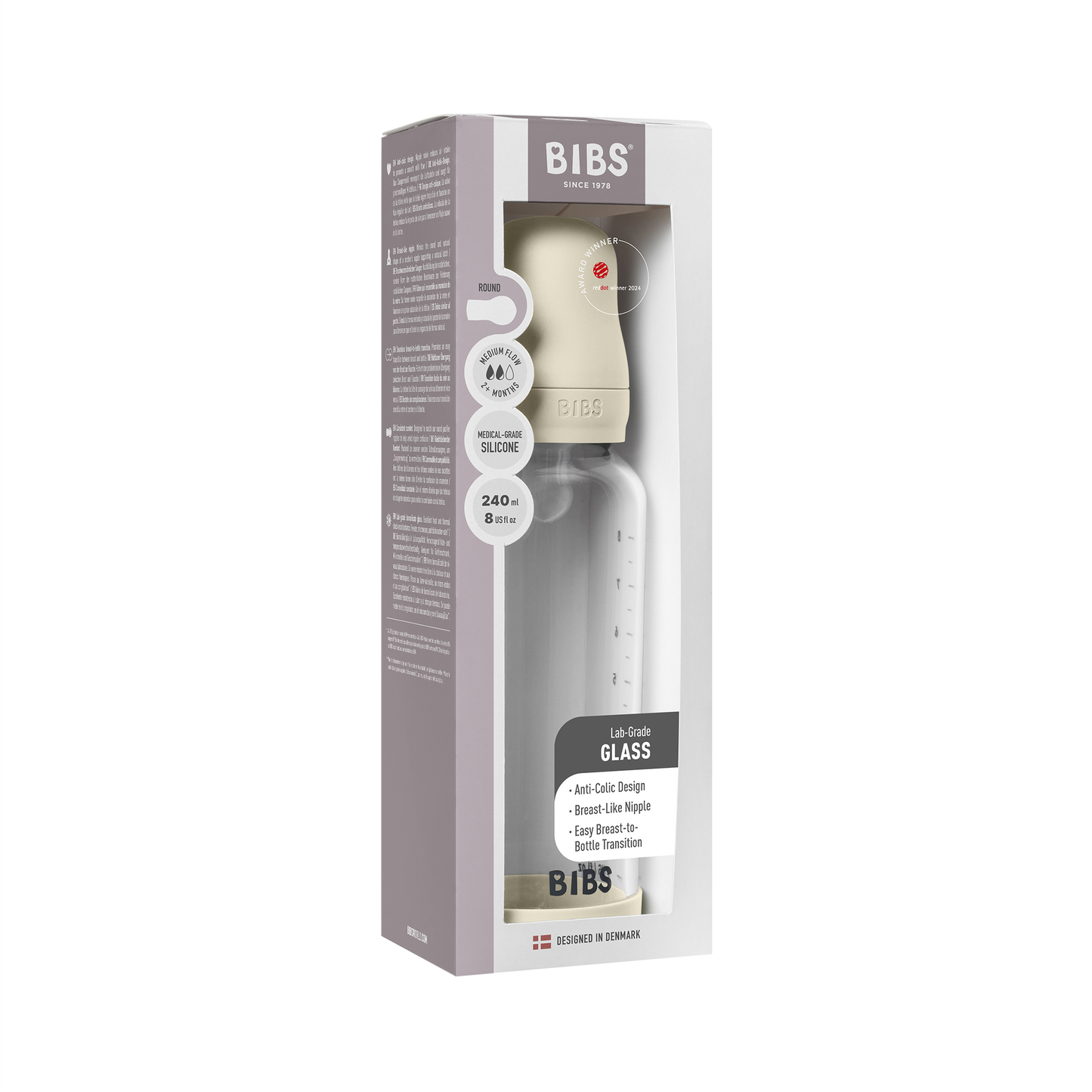 Bibs Baby Glass Bottle Round Silicone  - Medium Flow (Colour: Ivory | Size: 240ml)