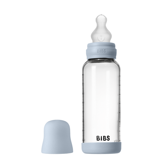 Bibs Baby Glass Bottle Round Silicone - Medium Flow (Colour: Baby Blue | Size: 240ml)