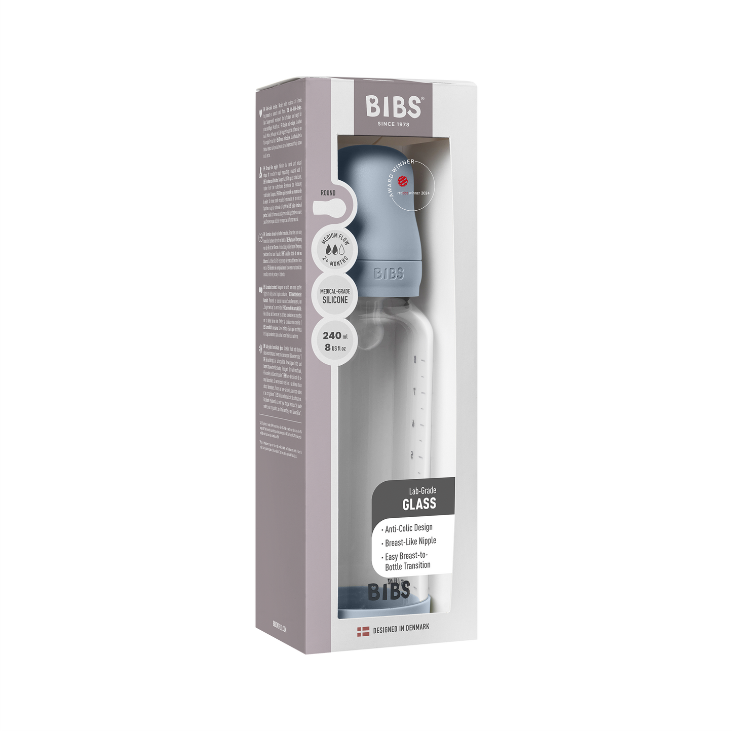 Bibs Baby Glass Bottle Round Silicone - Medium Flow (Colour: Baby Blue | Size: 240ml)