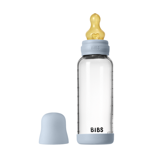 Bibs Baby Glass Bottle Round Latex - Medium Flow  (Colour: Baby Blue | Size: 240ml)