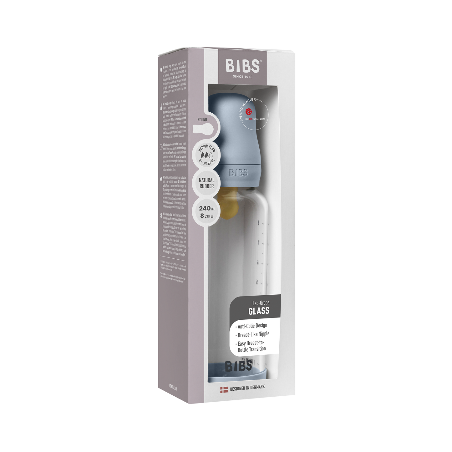 Bibs Baby Glass Bottle Round Latex - Medium Flow  (Colour: Baby Blue | Size: 240ml)