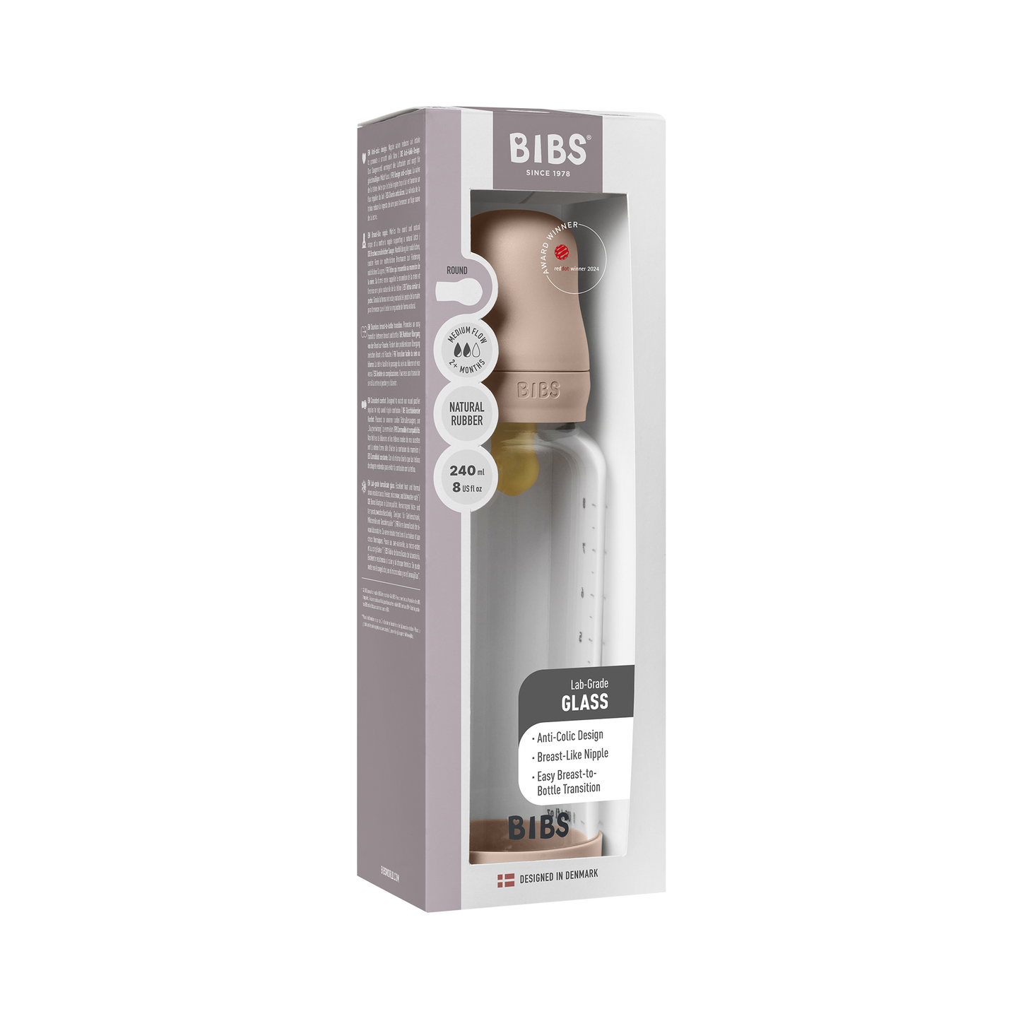 Bibs Baby Glass Bottle Round Latex - Medium Flow  (Colour: Blush | Size: 240ml)