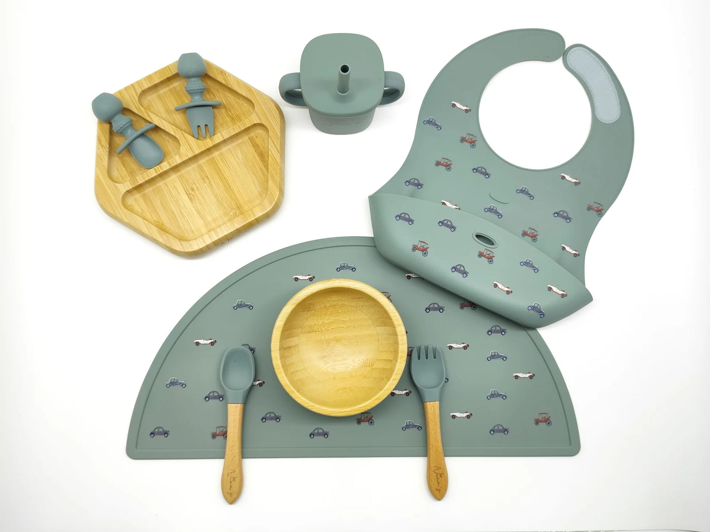 Silicone & Bamboo Feeding Set - π Green Cars β π