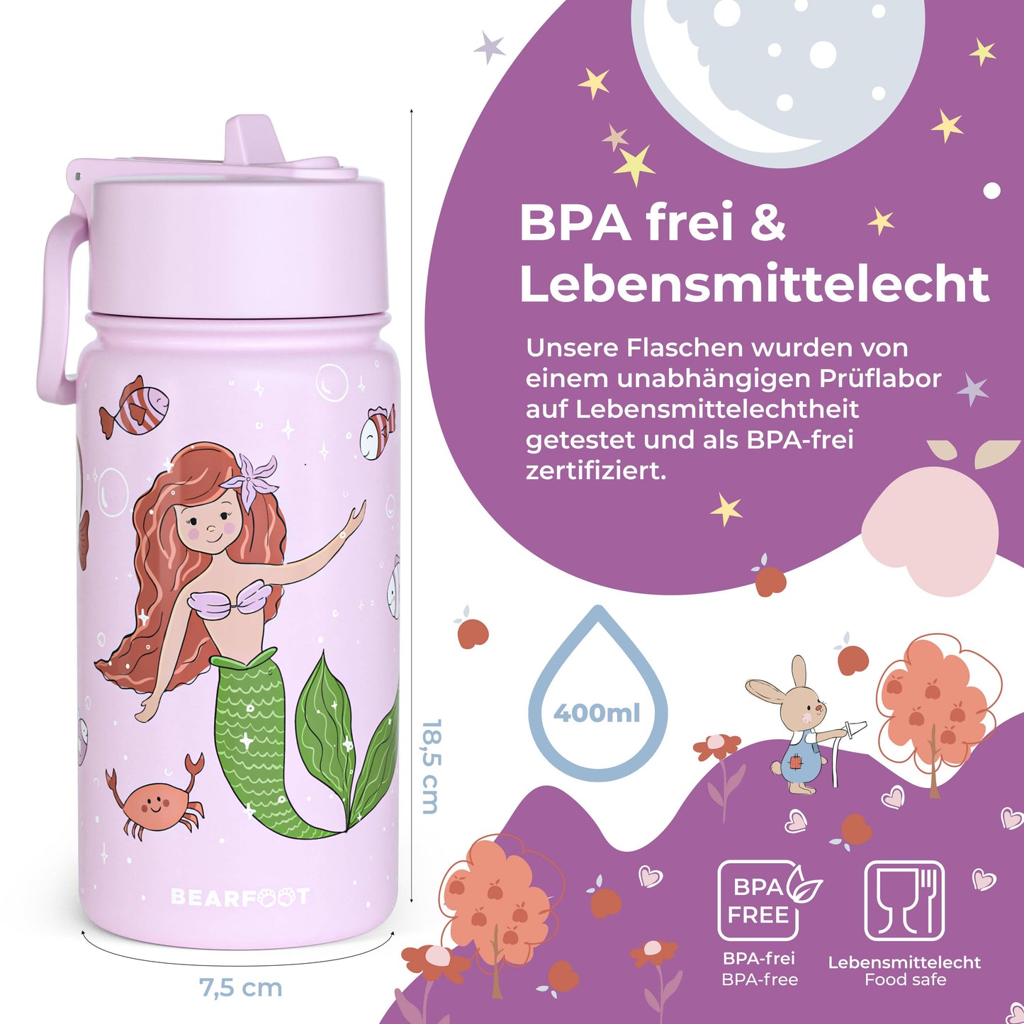 Thermo children's water bottle stainless steel - mermaid purple