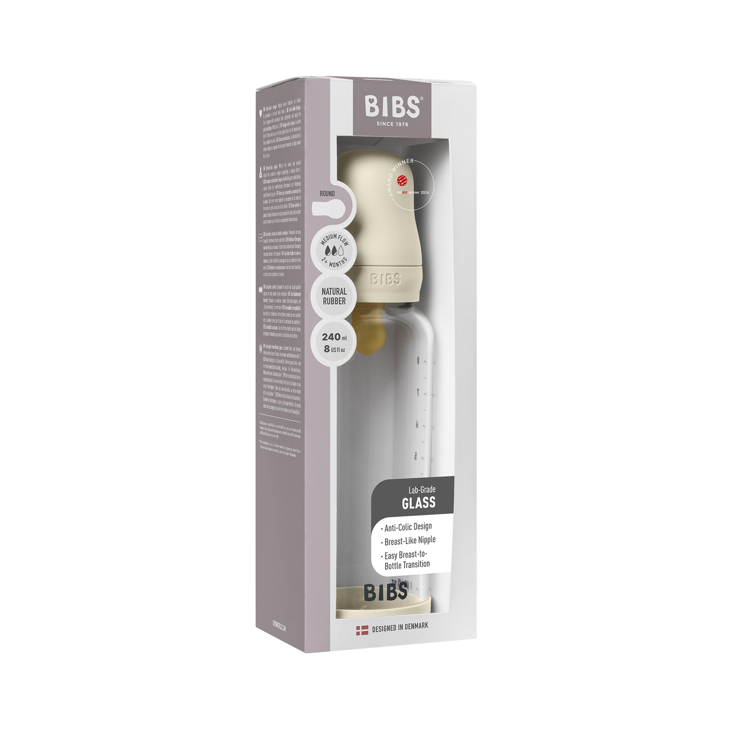 Bibs Baby Glass Bottle Round Latex (Colour: Medium Flow Ivory | Size: 240ml)