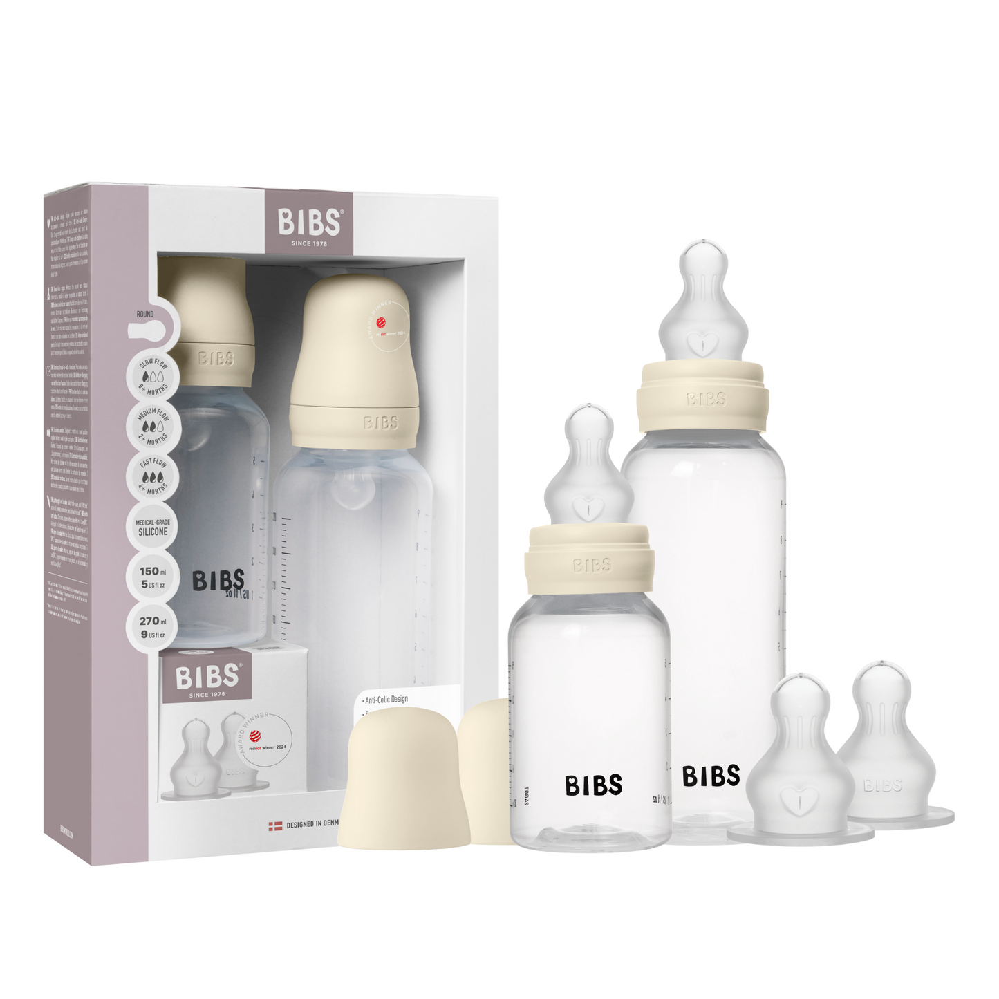 Bibs Grow and Flow Baby Bottle Round Silicone Set (Colour: Ivory | Size: 150ml / 270ml)