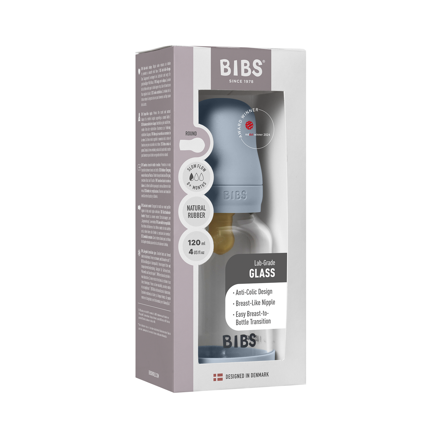 Bibs Glass Baby Bottle Round Latex - Slow Flow (Colour: Baby Blue | Size: 120ml)