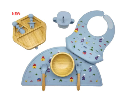 Silicone & Bamboo Feeding Set - 🏠 Blue Houses – 🏠
