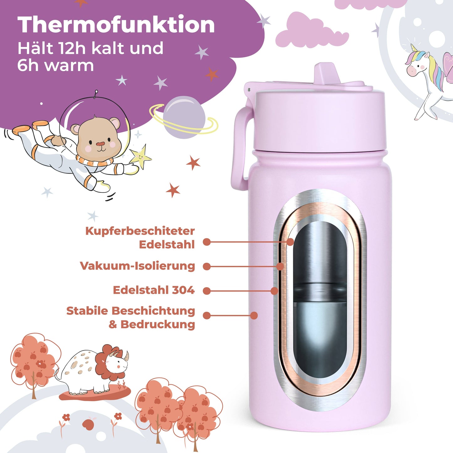 Thermo children's drinking bottle stainless steel - purple unicorn